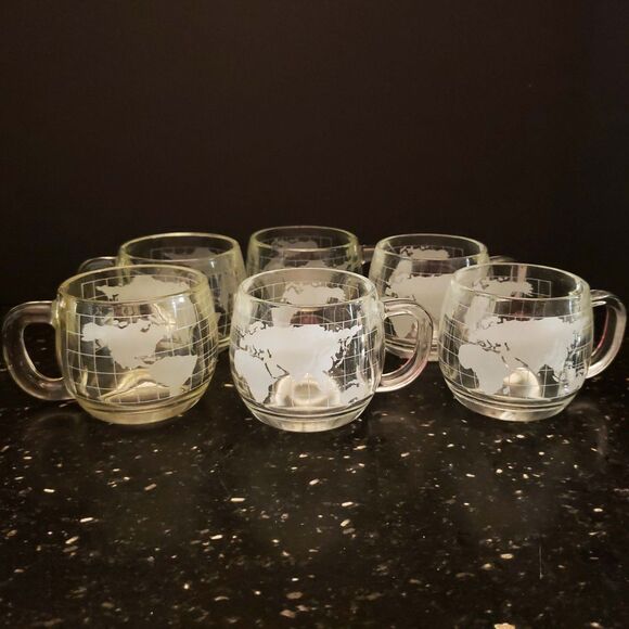Nestle Nescafe Coffee Cup Mugs World Map Globe Clear Etched Glass Vintage set 6 - Picture 8 of 15
